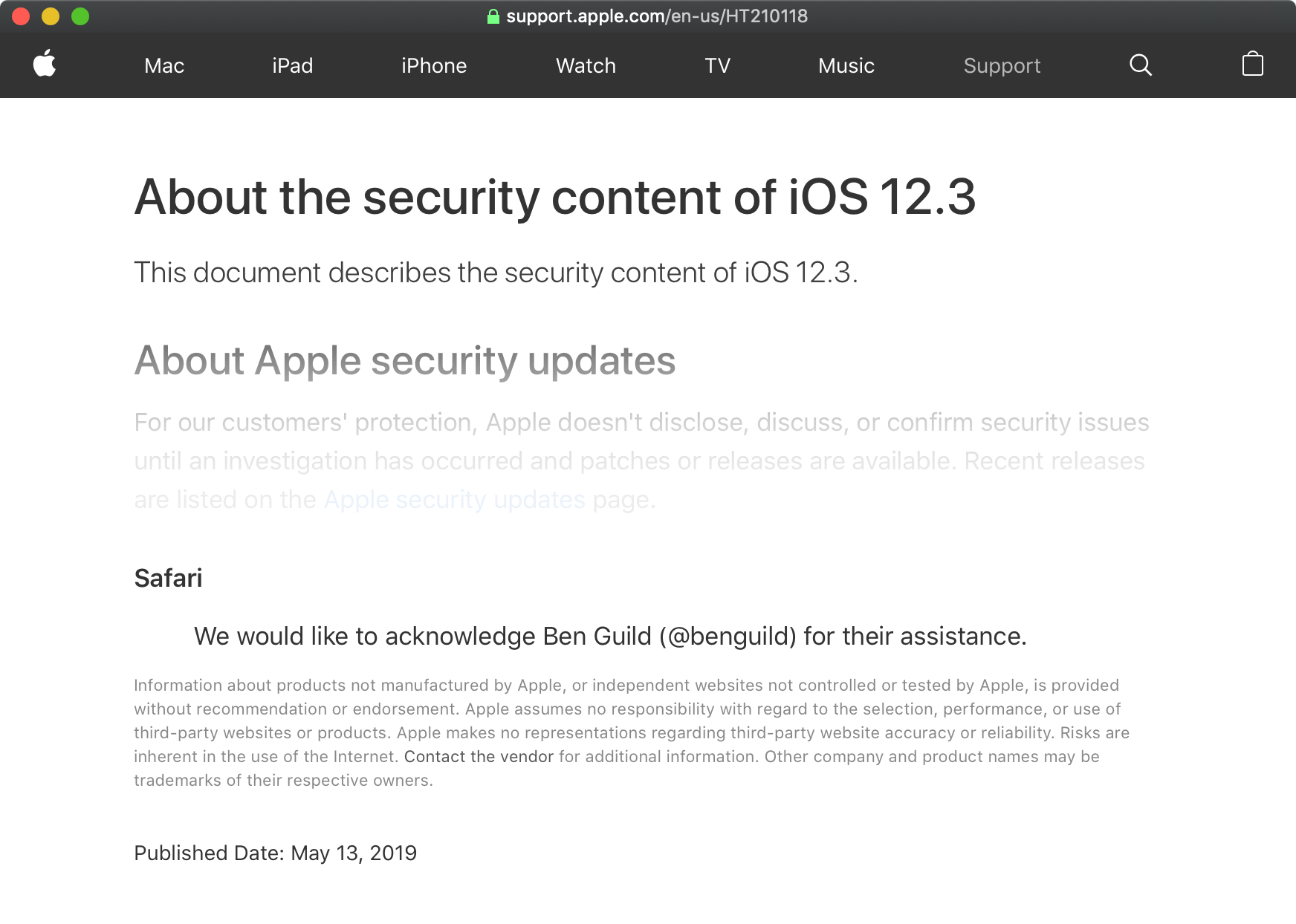 A screenshot of Apple's article regarding the security content in yesterday's iOS 12.3 release.
