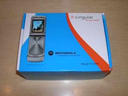 A Cingular wireless Motorola RAZR V3 cellular phone in its oriignal box in 2004.