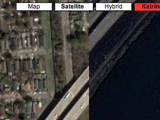 Google Maps displaying damage from “Hurricane Katrina”.