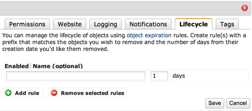 Screnshot of adjusting the “Lifecycle” of items on Amazon S3 to purge them quickly and easily.