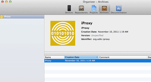 An archived copy of iProxy listed in Xcode.