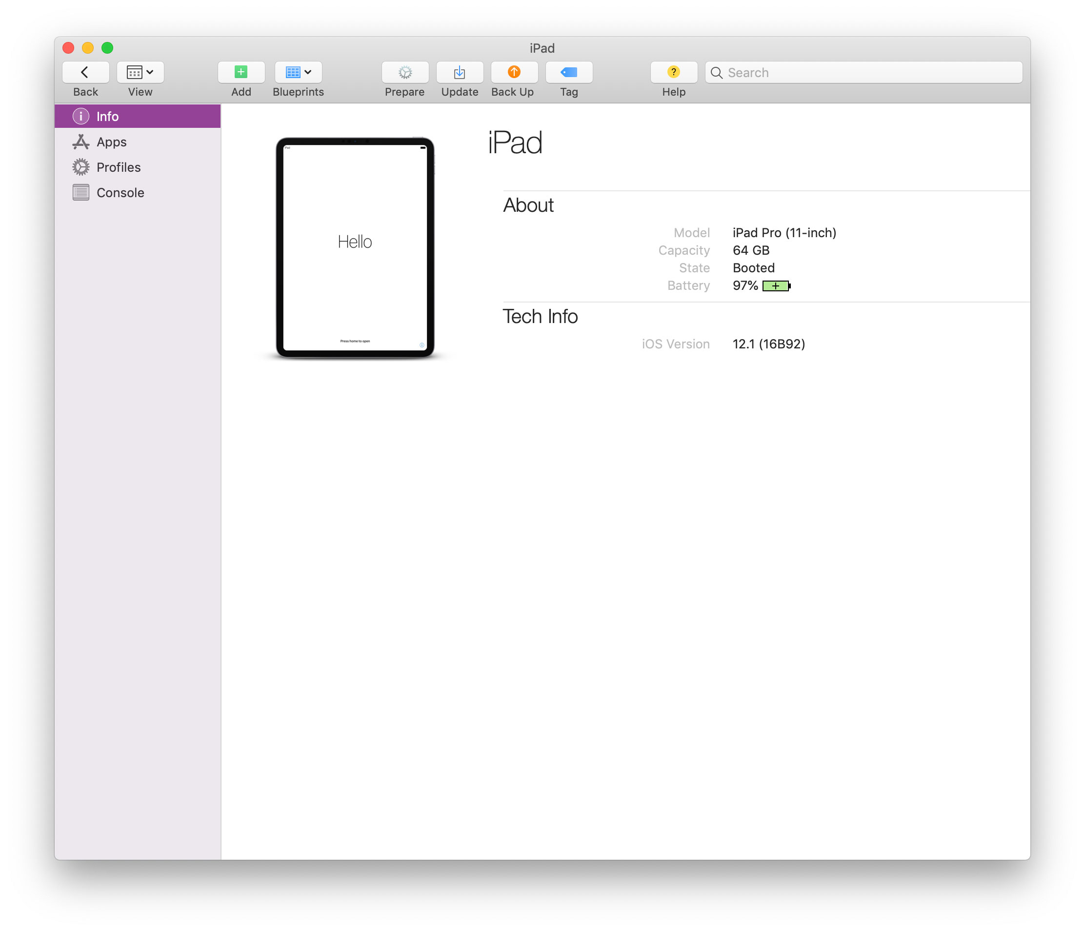 An iPad, ready for configuration in Apple Configurator.