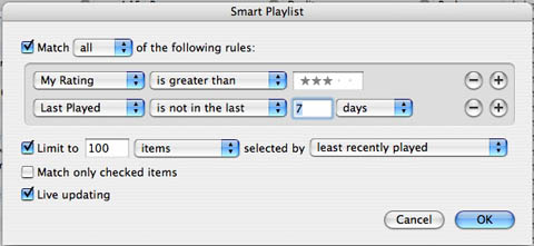 “Songs I've Forgotten About” auto-updating Smart Playlist configuration in iTunes.