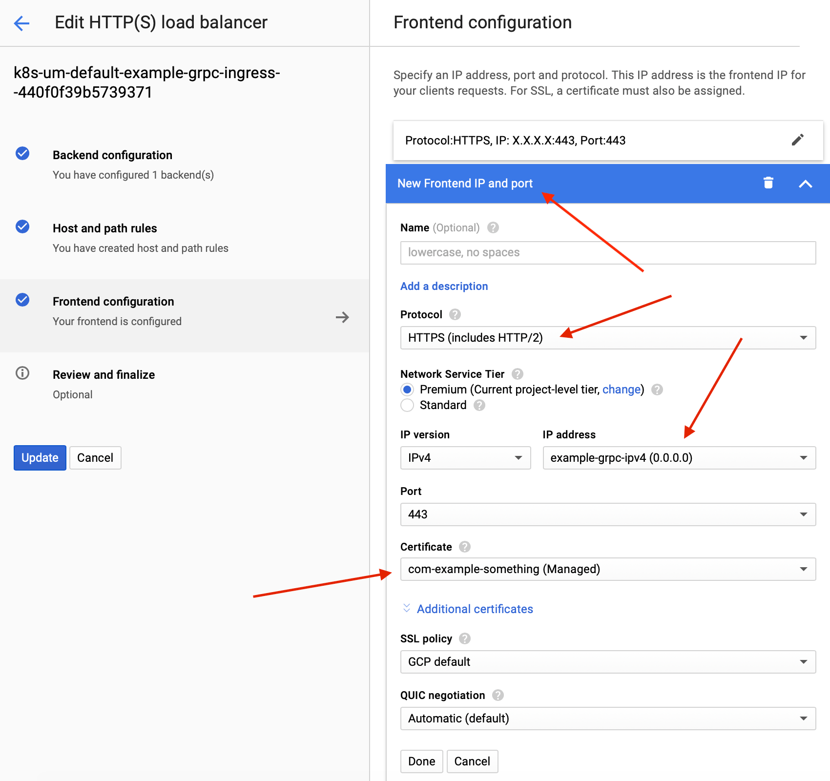 Screenshot with suggested settings for creating a frontend configuration with Let's Encrypt using a Google Cloud managed certificate.