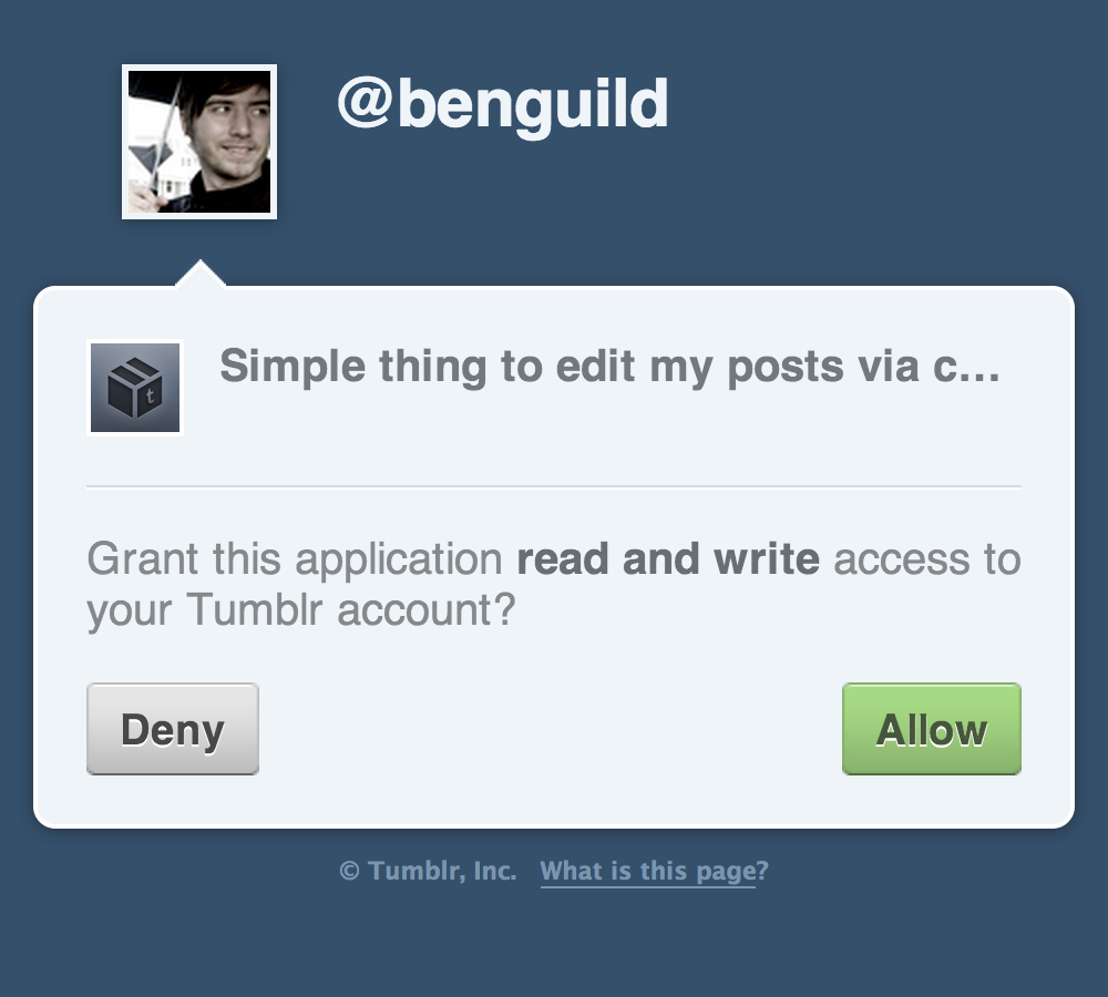 Me, authorizing a dummy application on Tumblr to redirect posts using this script.