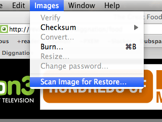 The “Scan Image For Restore” operation in the “Images” menu of Disk Utility on a Mac.