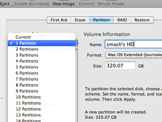The “Partition” tab in Disk Utility on a Mac.