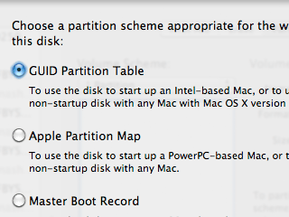 Choosing the “GUID Partition Table” for a drive in Disk Utility on a Mac.