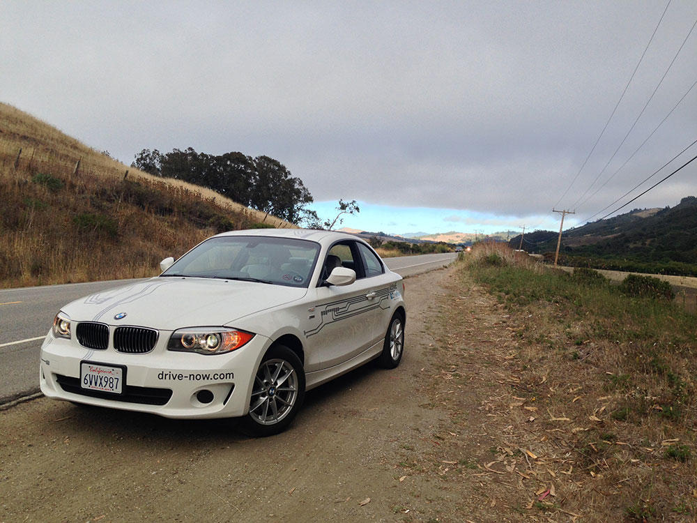 The BMW ActiveE sedan, parked on the side of a road in Northern California.