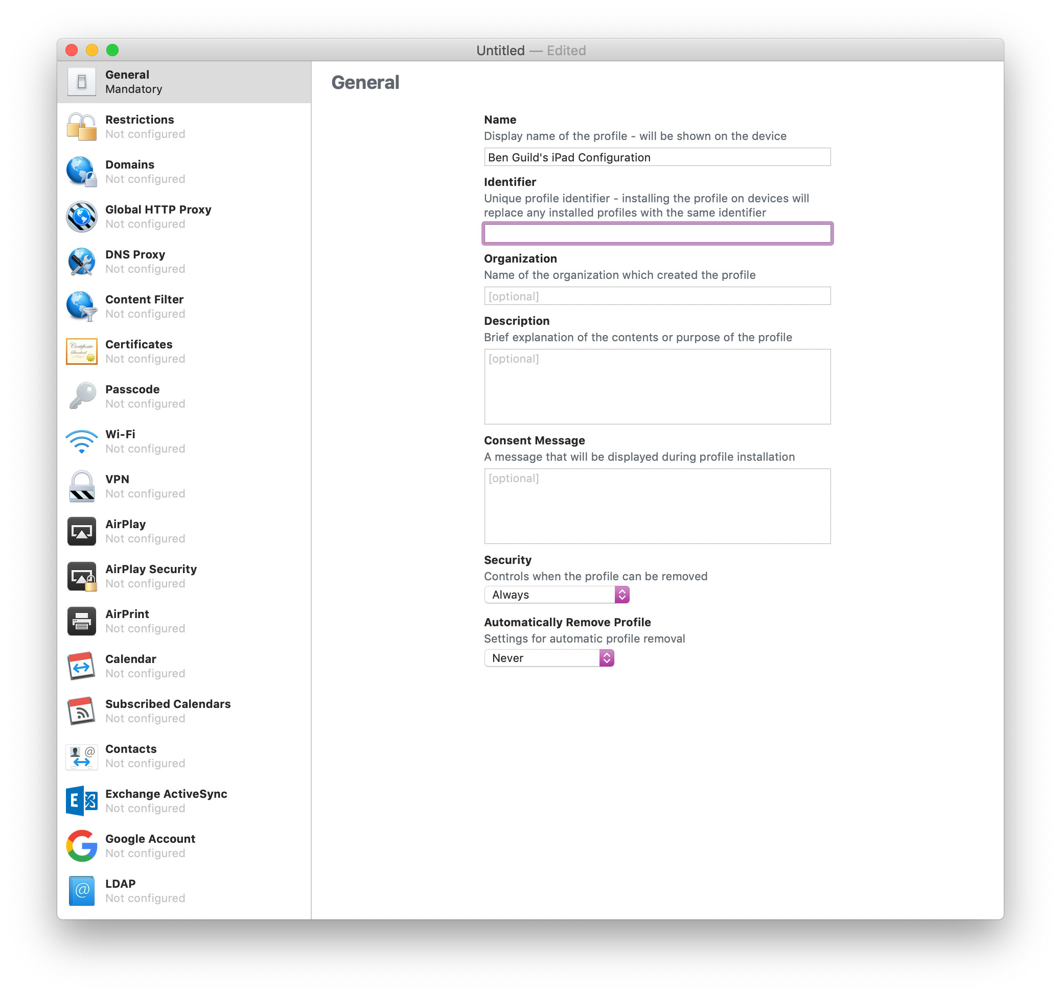 General iOS profile configuration settings in Apple Configurator.