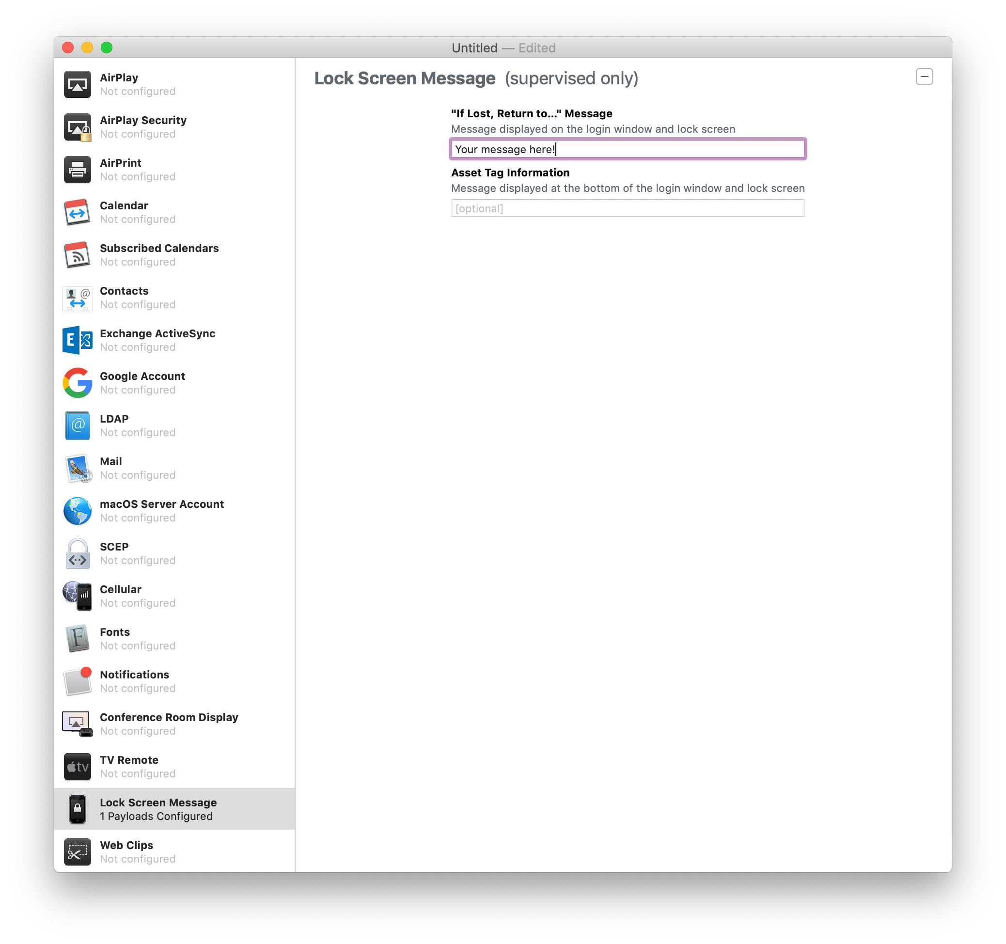 Lock screen message settings in Apple Configurator.