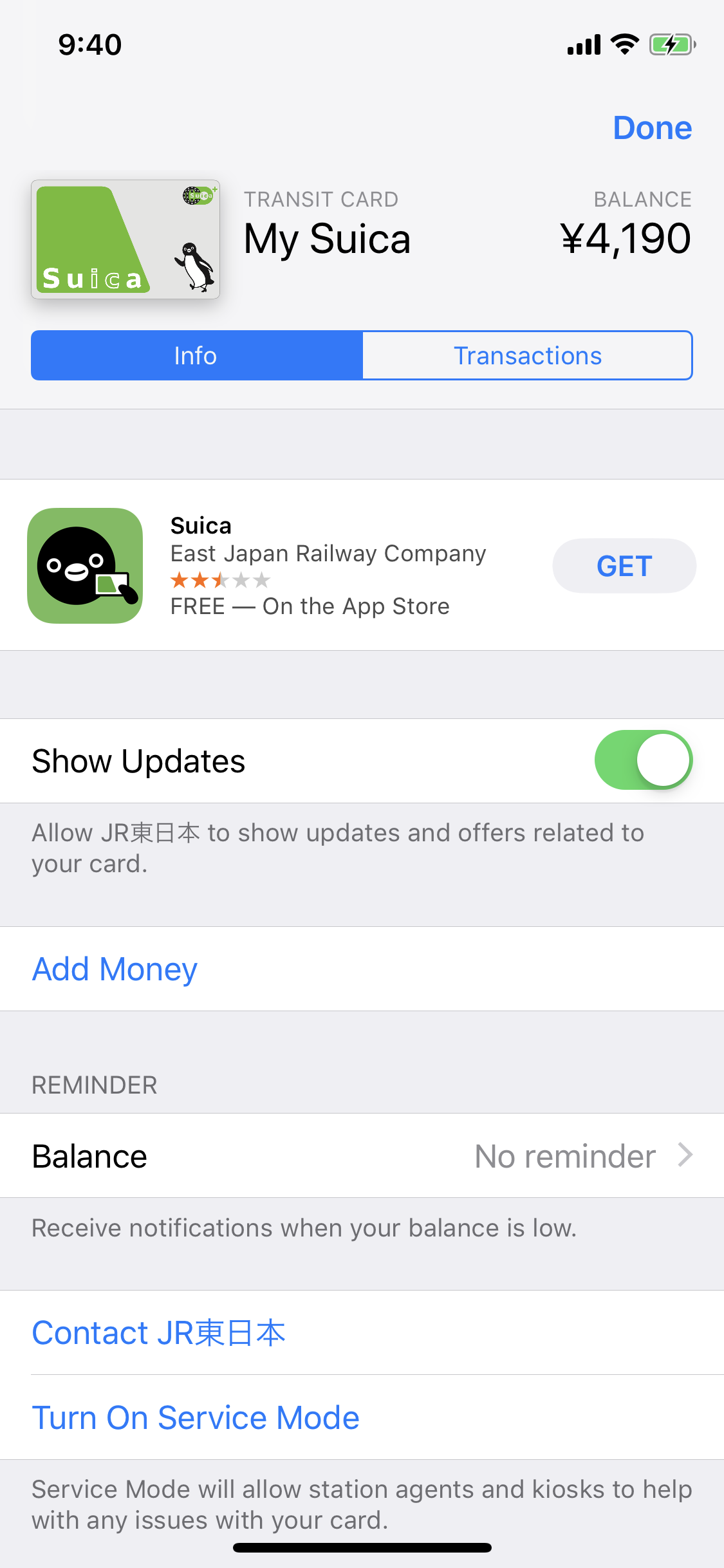 Managing a Suica card that's been loaded into Apple Wallet.