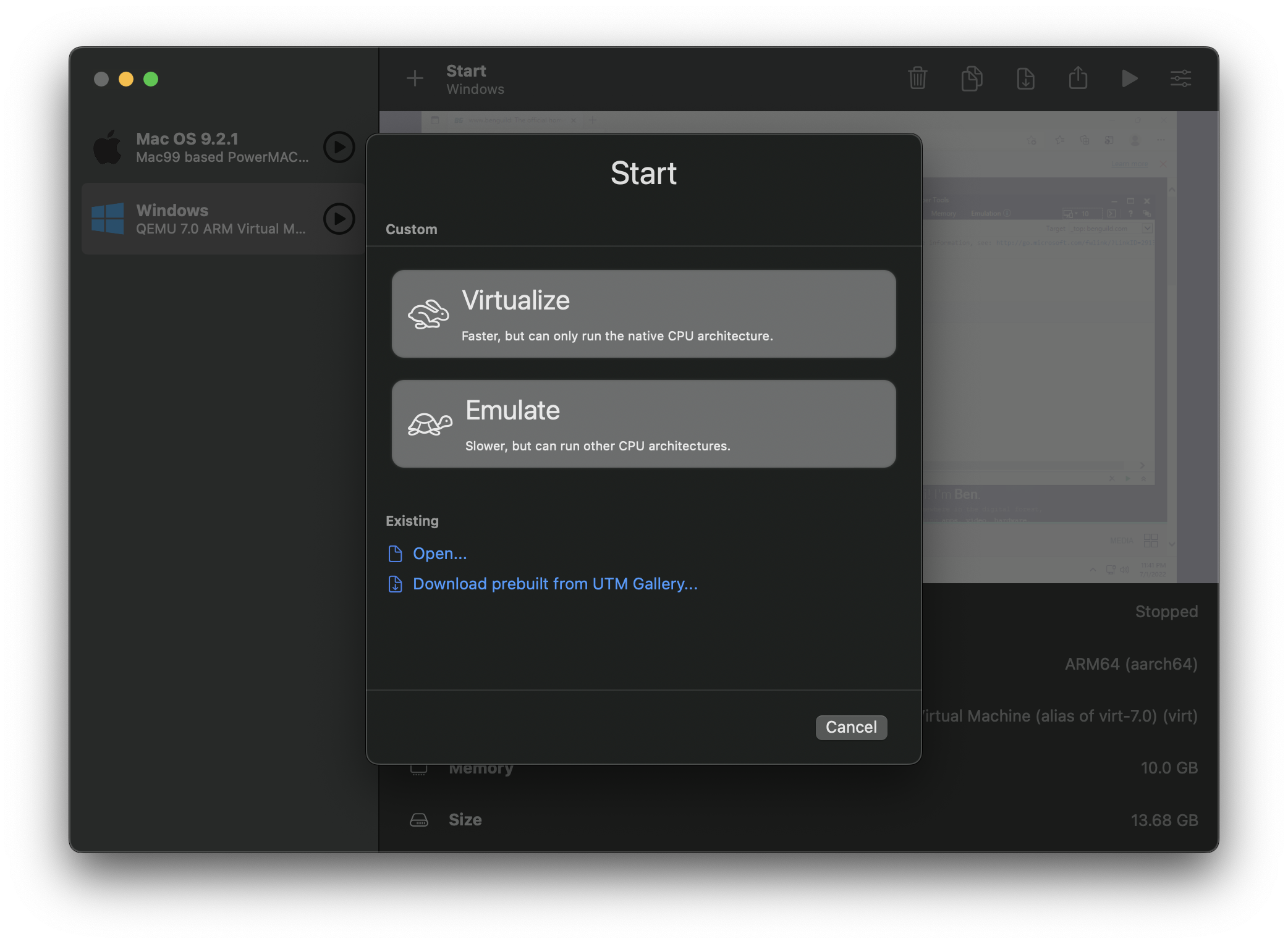 A screenshot of the UTM app for Mac kickstarting a new virtual machine, and the choice to “Virtualize” or ”Emulate” depending on the host and virtual machine's hardware/software intercompatibility.